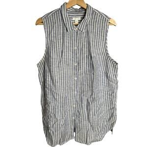 J. Jill Linen Striped Button Down Women Sleeveless Blue White Large